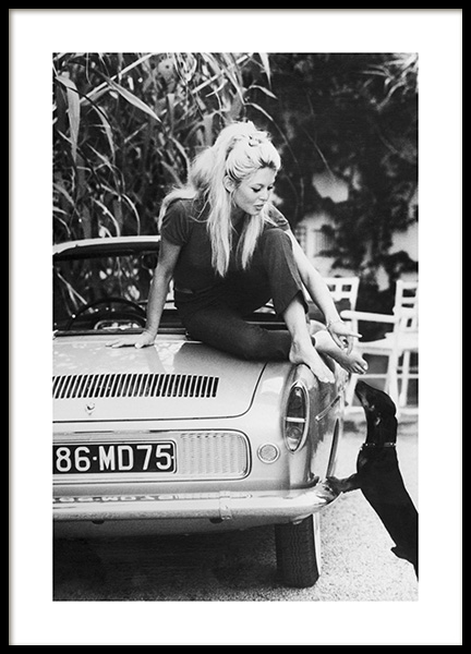 Brigitte Bardot Poster - Sitting on a car - desenio.com