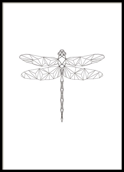 Geometric poster with dragonfly, black and white