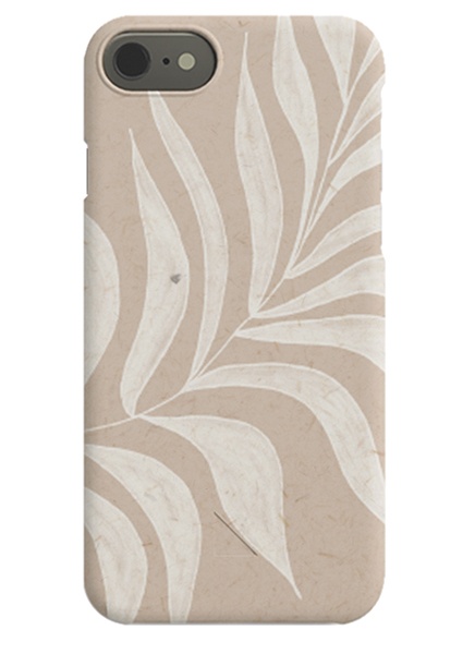  – White and beige iPhone case with a white leaf against a beige background