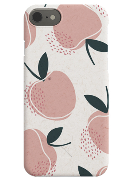  – iPhone case with light pink peaches illustrated on a light grey background