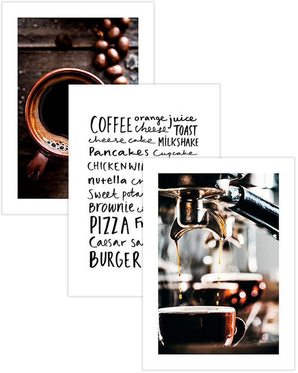– Kitchen art print of coffee prints in brown combined with a quote