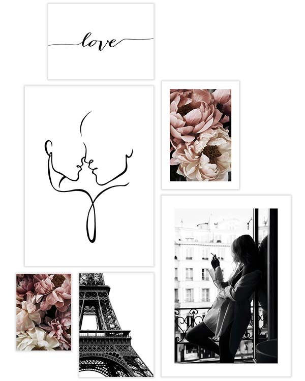 – Line art illustrations, pink flowers and monochrome fashion photography 