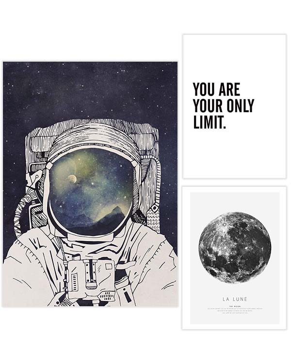 – Astronaut, moon and quote poster pack collection