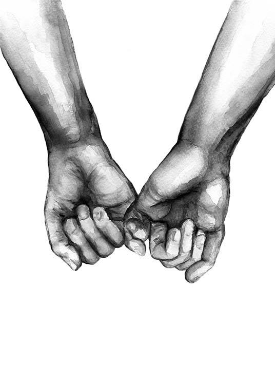  – Watercolor illustration with two hands holding their pinky fingers, drawin in black and white