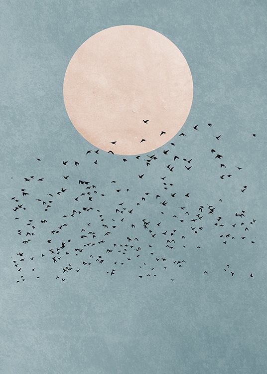  – Graphical illustration of a pink moon and blue sky behind a flock of black birds