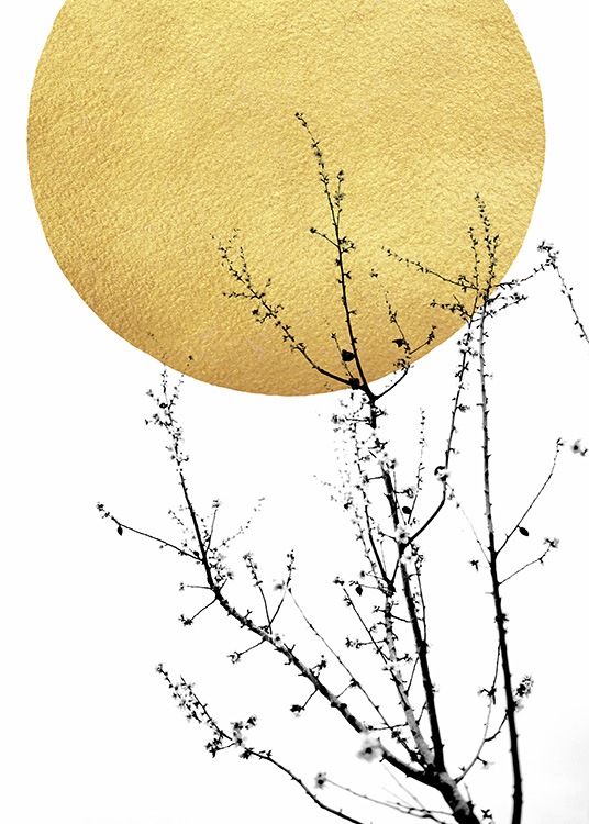 – Abstract poster with a golden sun and a shrub in black