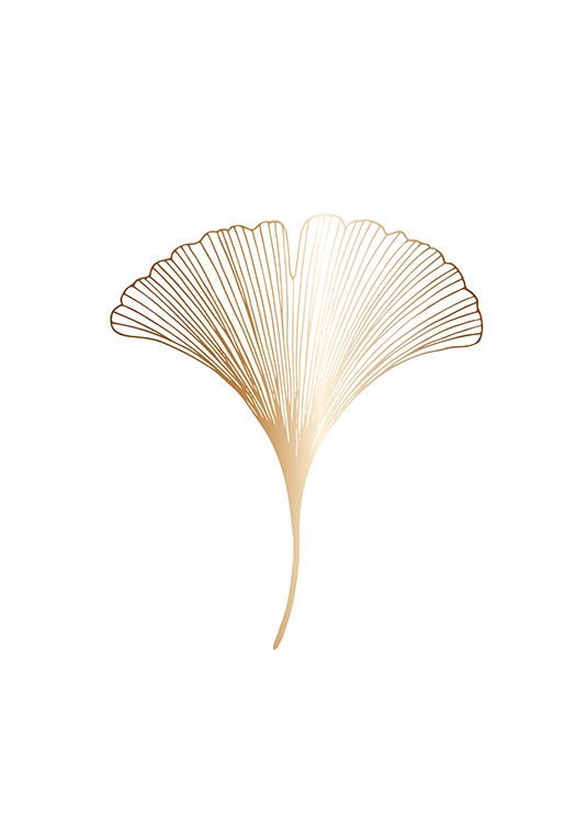  – Graphic illustration with a ginkgo leaf in gold on a white background