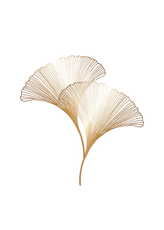  – Graphic illustration with ginkgo leaves in gold on a white background