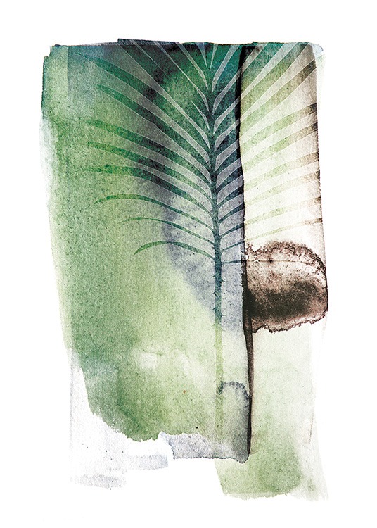 – Art print of green strokes with a cycad plant on a white background. 