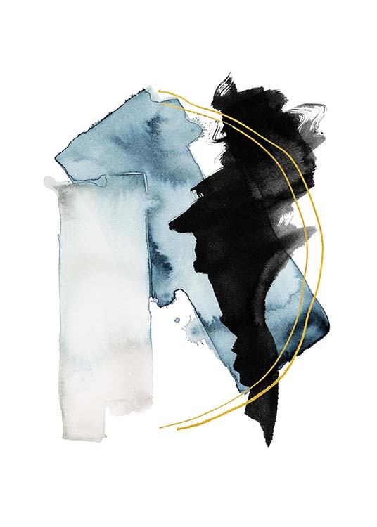  – Watercolor illustration with abstract shapes in black and blue with two gold lines
