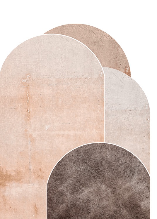 –Semi-ovals in tones of beige and brown overlapping each other. 
