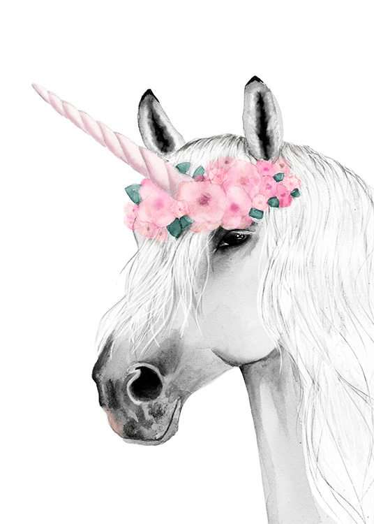–Drawing of a unicorn with a horn and wreath in pink. 