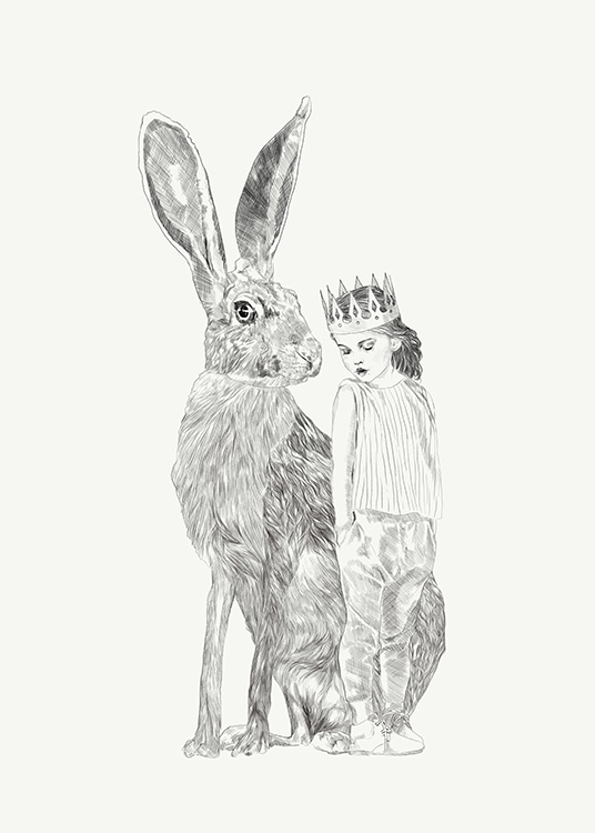 –Drawing of a girl and a rabbit next to each other. 