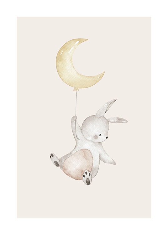 – Cute illustration of a flying bunny holding a balloon shaped like a moon