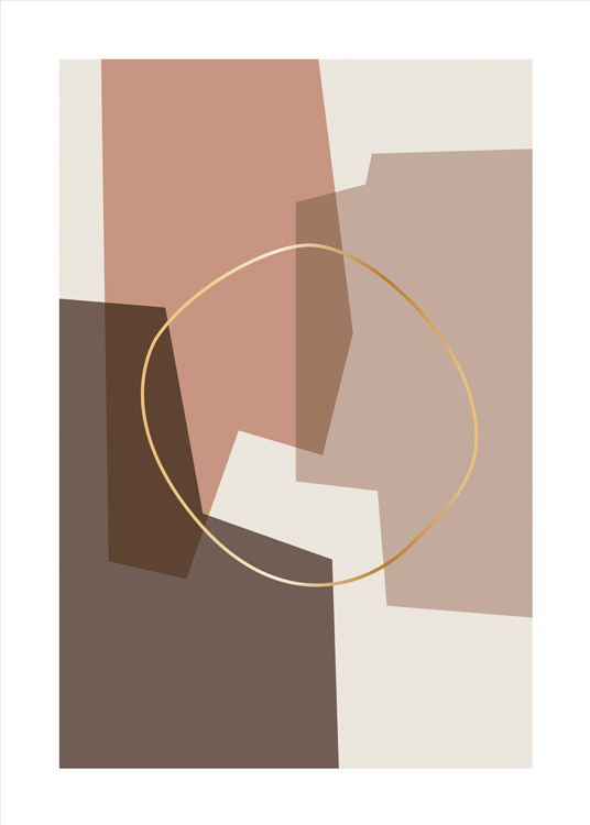  – Graphic illustration of a golden circle on top of abstract shapes in beige and light red
