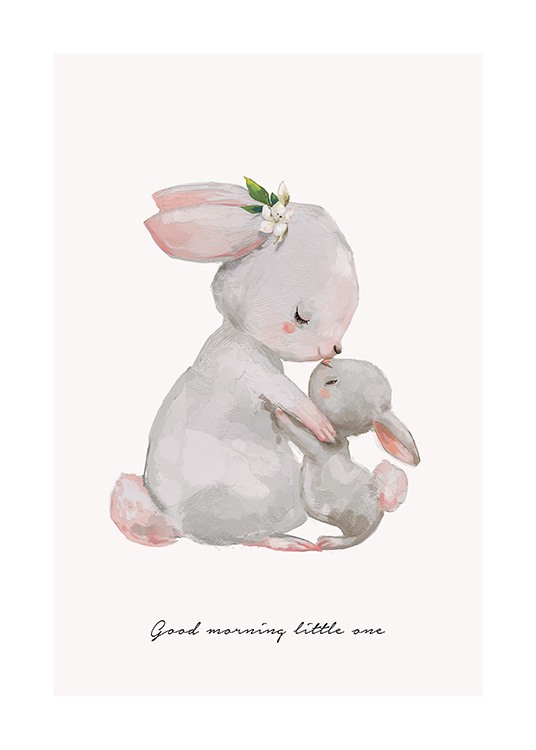 Illustrated kids print with mother bunny kissing baby bunny good morning