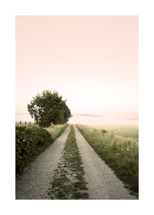 Photograph of pink sky and foggy road surrounded by green land