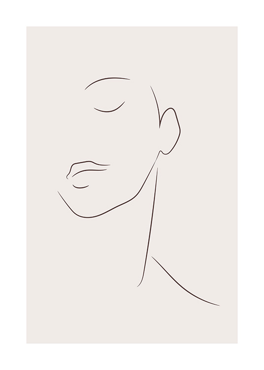 Illustration of face with closed eyes drawn in line art on beige background