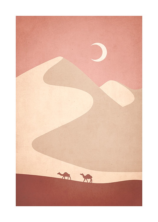 Illustration of graphical desert with camels in front and moon in the background