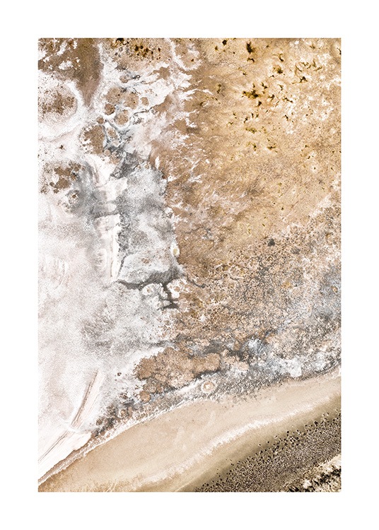  - Aerial photograph of a salt lake in beige and white with gold coloured details