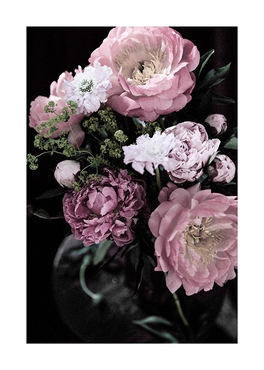  - Bouquet of flowers in pink and purple with greens and a dark background