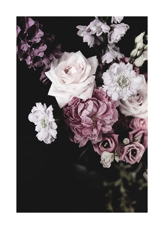  - Dark flower bouquet of pink, purple and white flowers and a dark background