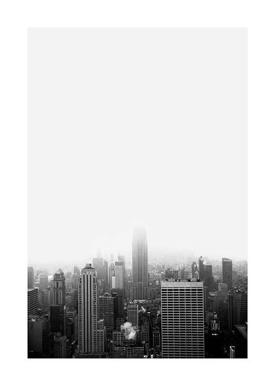  - Black and white photograph of buildings in New York with a foggy skyline