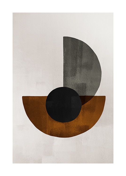  – Graphical art with shapes in black, brown and grey on a beige background
