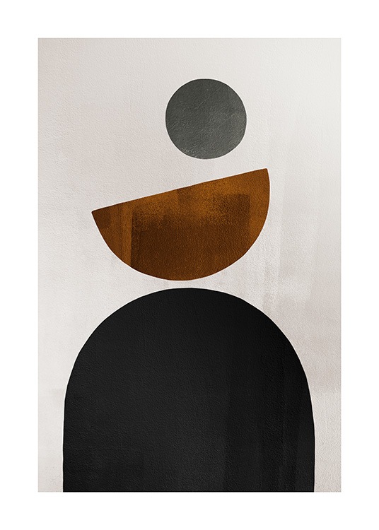  – Illustration in black, brown and grey with geometric shapes on a beige background
