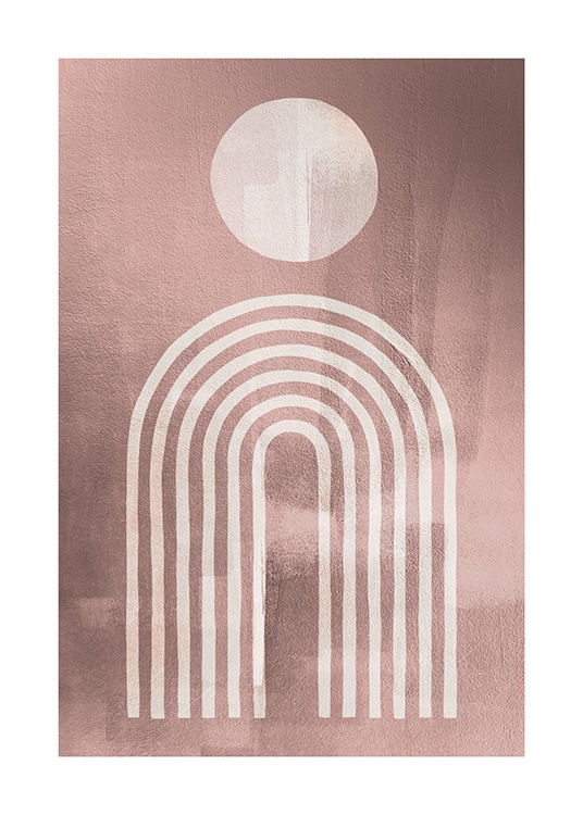  - Graphical illustration in pink with a white circle and white lines forming an arch