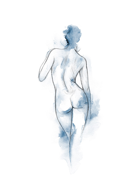  - Sketch of naked woman on a white background, with blue watercolour splashes