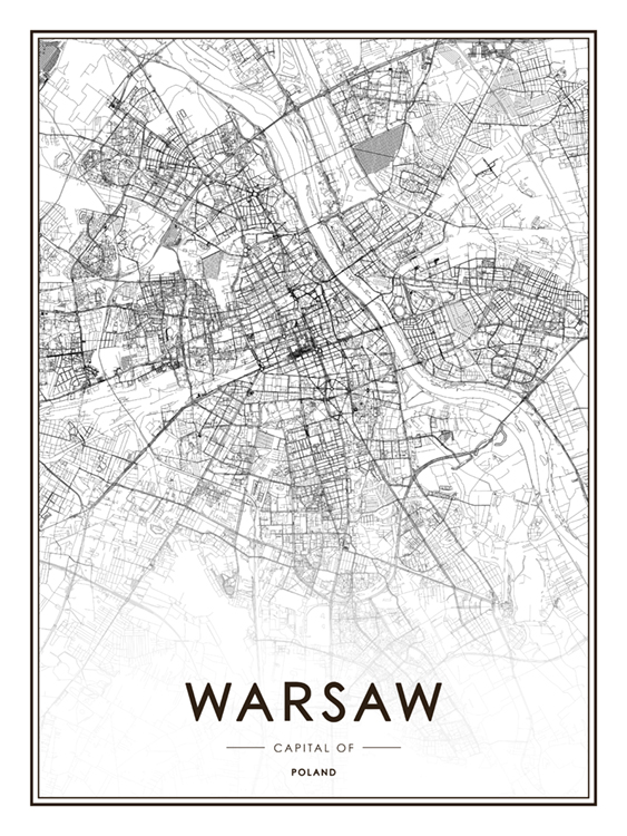  - Black and white map with coordinates of Warsaw and Poland written underneath