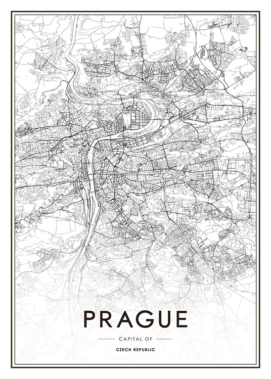  - Black and white map of Prague in Czech Republic, along with written coordinates at the bottom