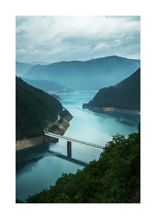  - Nature print with photograph of a river in Naeroyfjord, with a bridge crossing the water with mountains in the background