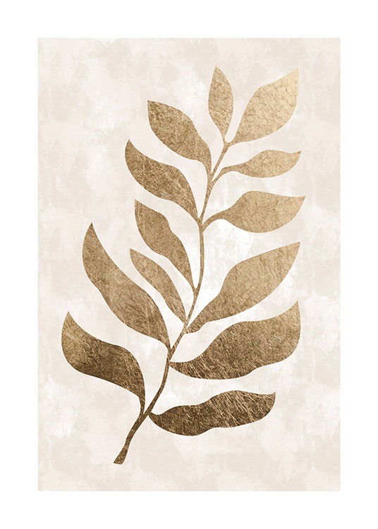  - Modern art print with a beige background with colour structure and a gold coloured leaf
