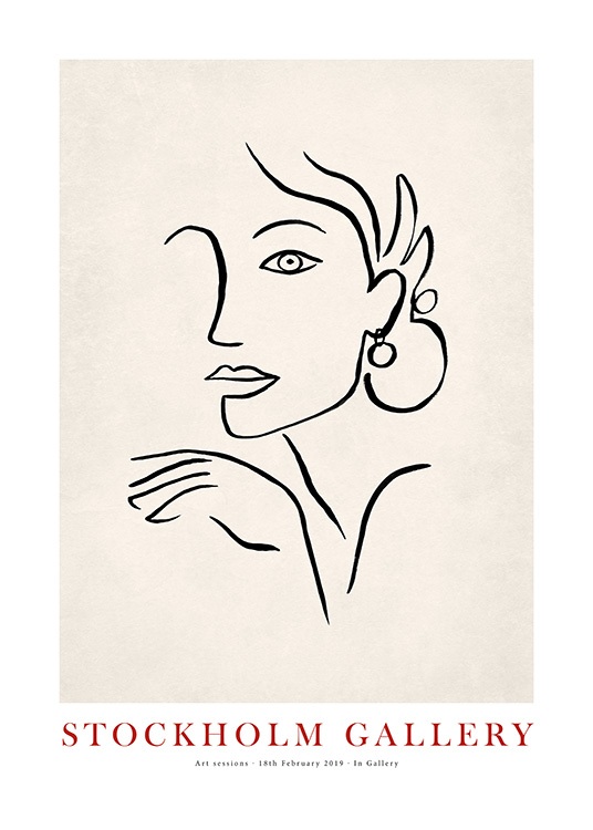  - Illustration of a woman's face with handpainted black lines on a beige background