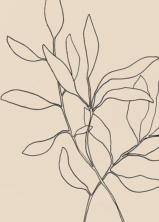  - Painted leaves in black line art on a beige background