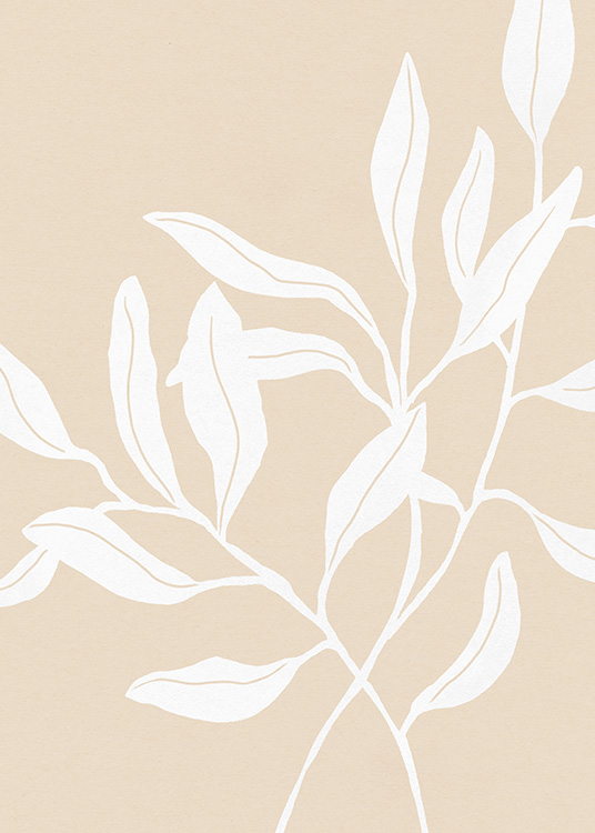  - Painting of white leaves on branches and with a beige background