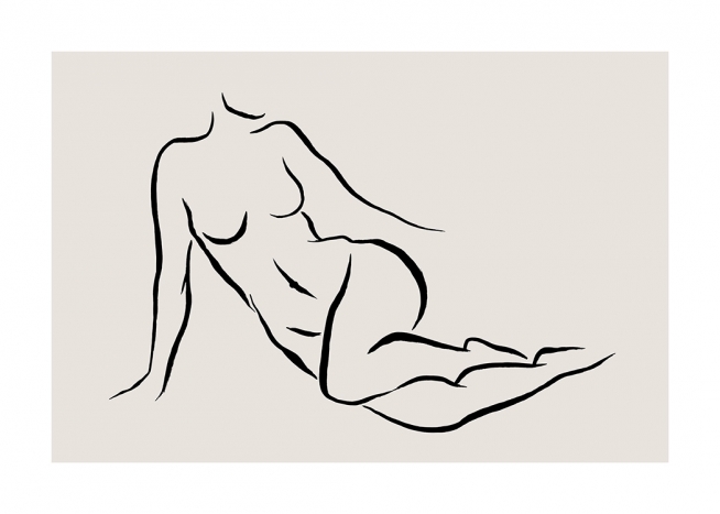 - Illustrated woman laying on her side, line art in black on a beige background