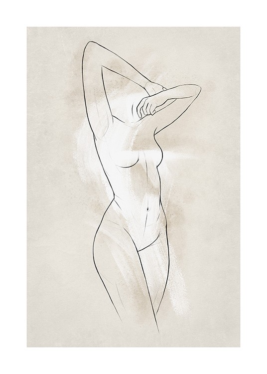 - Naked woman illustration in line art, with a beige and white background