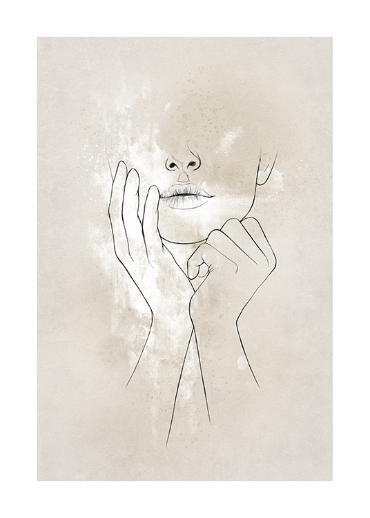  - Woman's face with hands held in front of it on a beige and white background