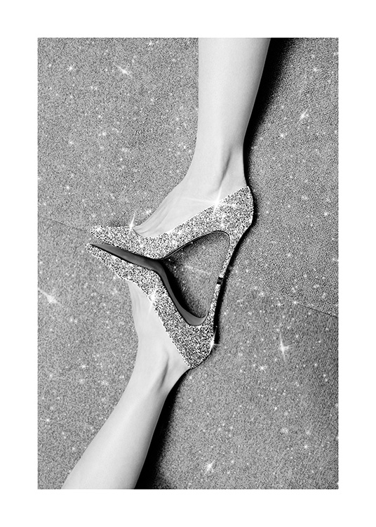  - Black and white photograph of a pair of glitter heels and a glitter background