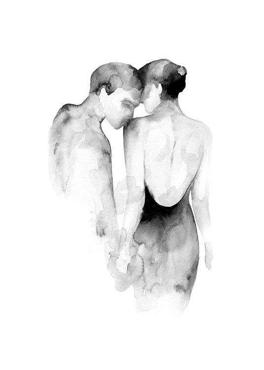  – Black and white watercolor illustration of a woman being kissed on the shoulder by a man