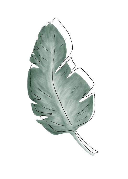  – Watercolor painting with a green leaf underneath a black sketch with the contours of a leaf
