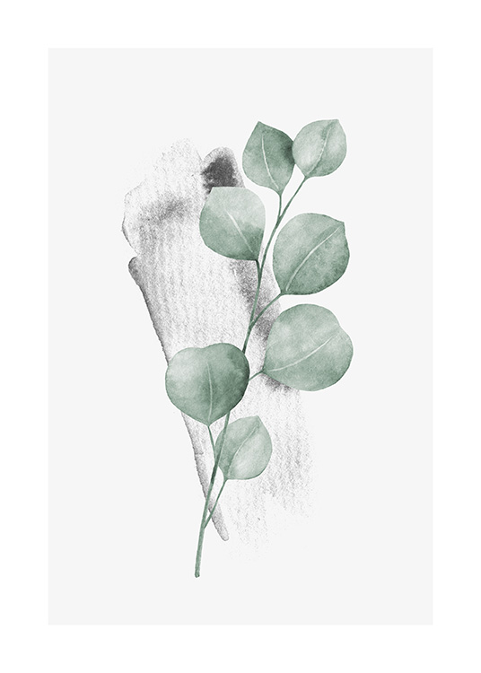  – Watercolor painting of a small eucalyptus branch with green leaves and a light grey background