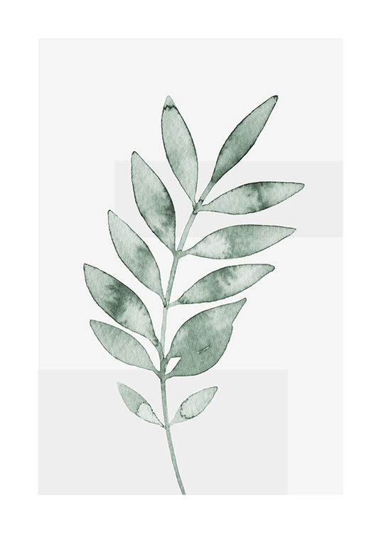  – Watercolor painting with a small green leaf against a light grey background
