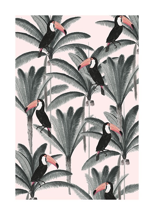  – Retro illustration with coconut trees and toucans against a light pink background