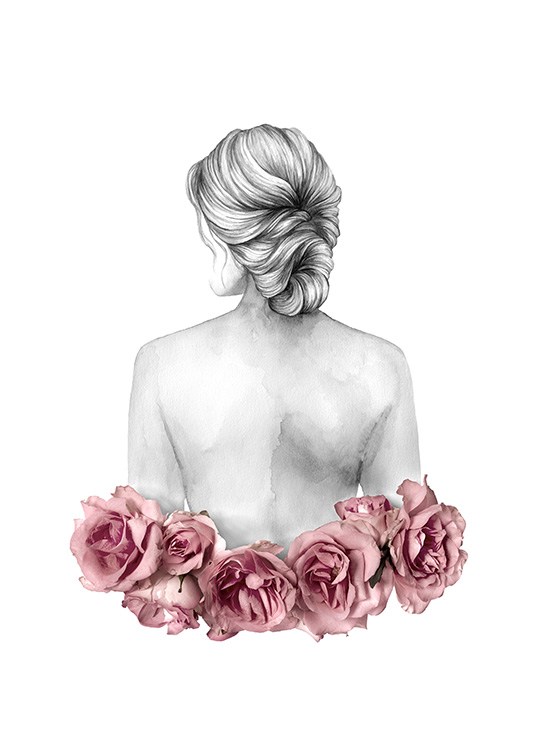  – Illustration of a woman with roses around her waist and her hair in a low bun