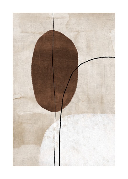 – Painting with abstract shapes and lines in black and brown on a beige background