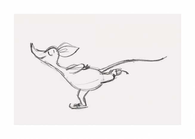  – Sketch in grey of Sniff from Moominvalley on ice skates against a light beige background